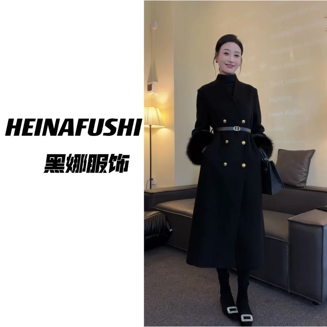 HEINA清仓【赫本大衣】V领显瘦狐狸毛袖大衣2259-6