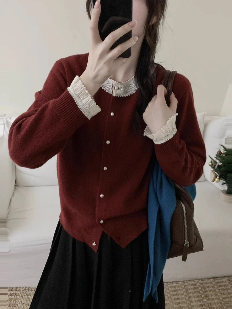 秋冬新款圆领钉珠花边软糯开衫女洋气百搭针织衫减龄甜美毛衣外套