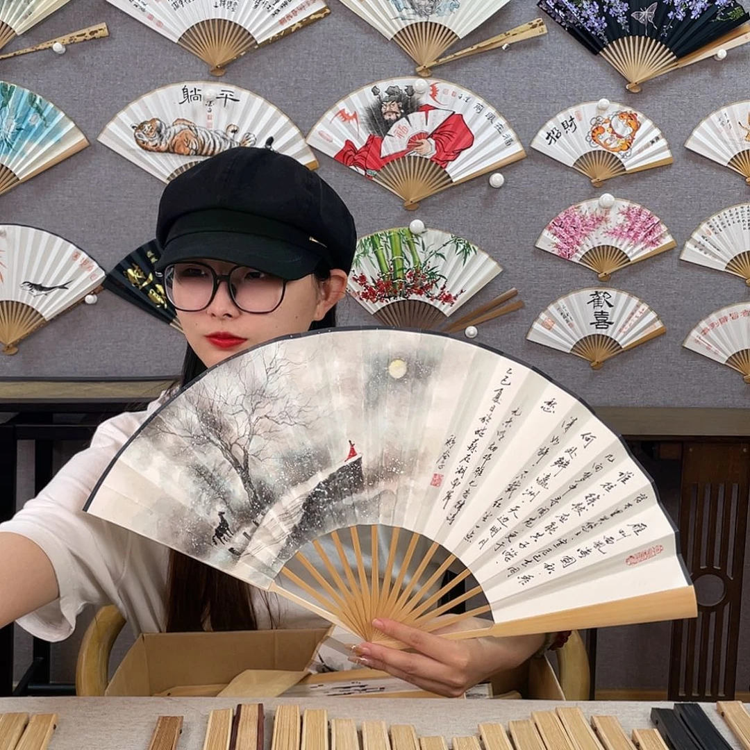 国画10寸玉竹-纯手绘-文玩扇骨（默认粘好）