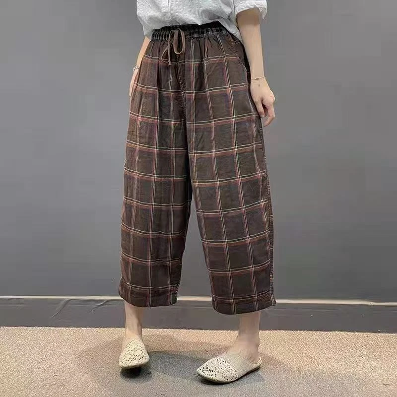 夏季新款大码休闲复古格子哈伦裤松紧腰抽绳百搭