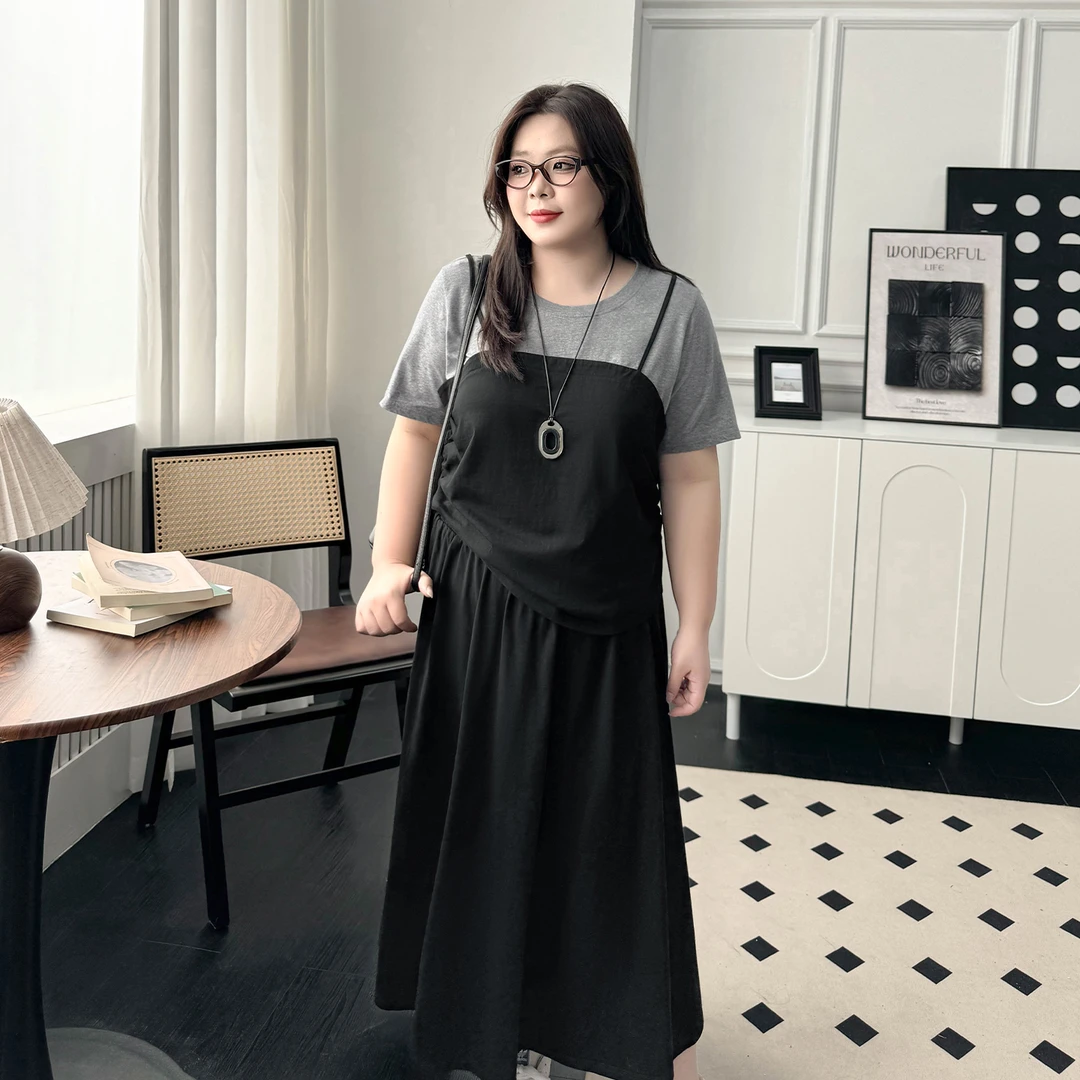 YX0075大码女装【假两件慵懒套装】拼接缩褶腰短袖T恤半身裙两件套