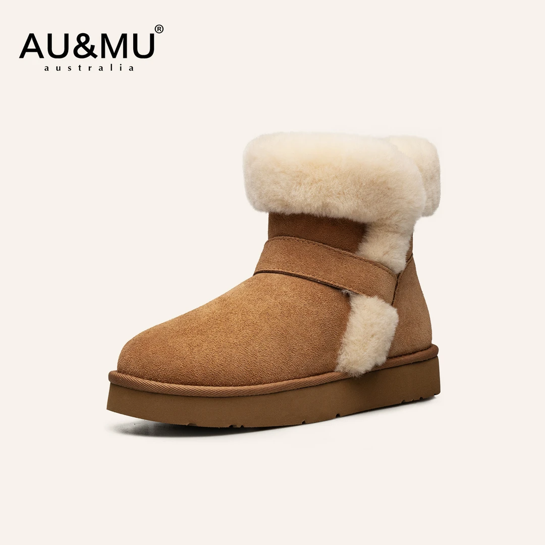 AUMU2025冬季新品雪地靴女皮毛一体时尚民族风翻毛真皮短筒靴2106