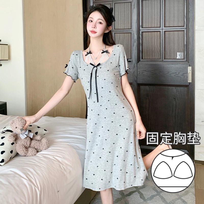 莫代尔睡裙女夏季睡衣短袖中长裙性感纯欲风薄款夏天带胸垫家居服