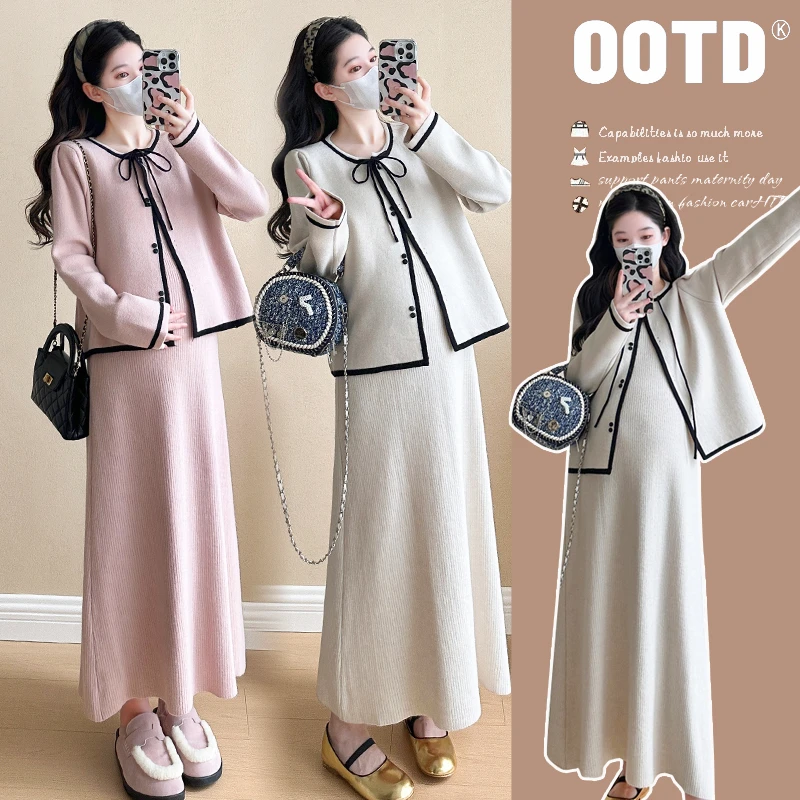 2025孕妇秋装连衣裙套装大码时尚潮妈新款开衫针织长裙两件套