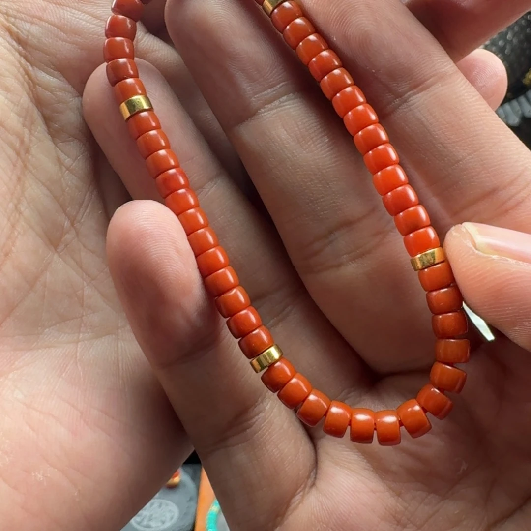 南红玛瑙柿子红隔片手串5mm18K金镶嵌天****5