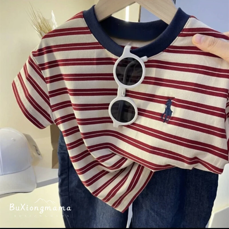 2025男童高品质面料儿童夏季刺绣短袖T棉质洋气女童条纹上衣