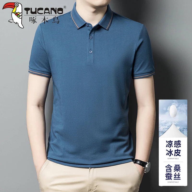 啄木鸟桑蚕丝男士短袖POLO衫夏季高档商务翻领冰丝中年爸爸T恤衫