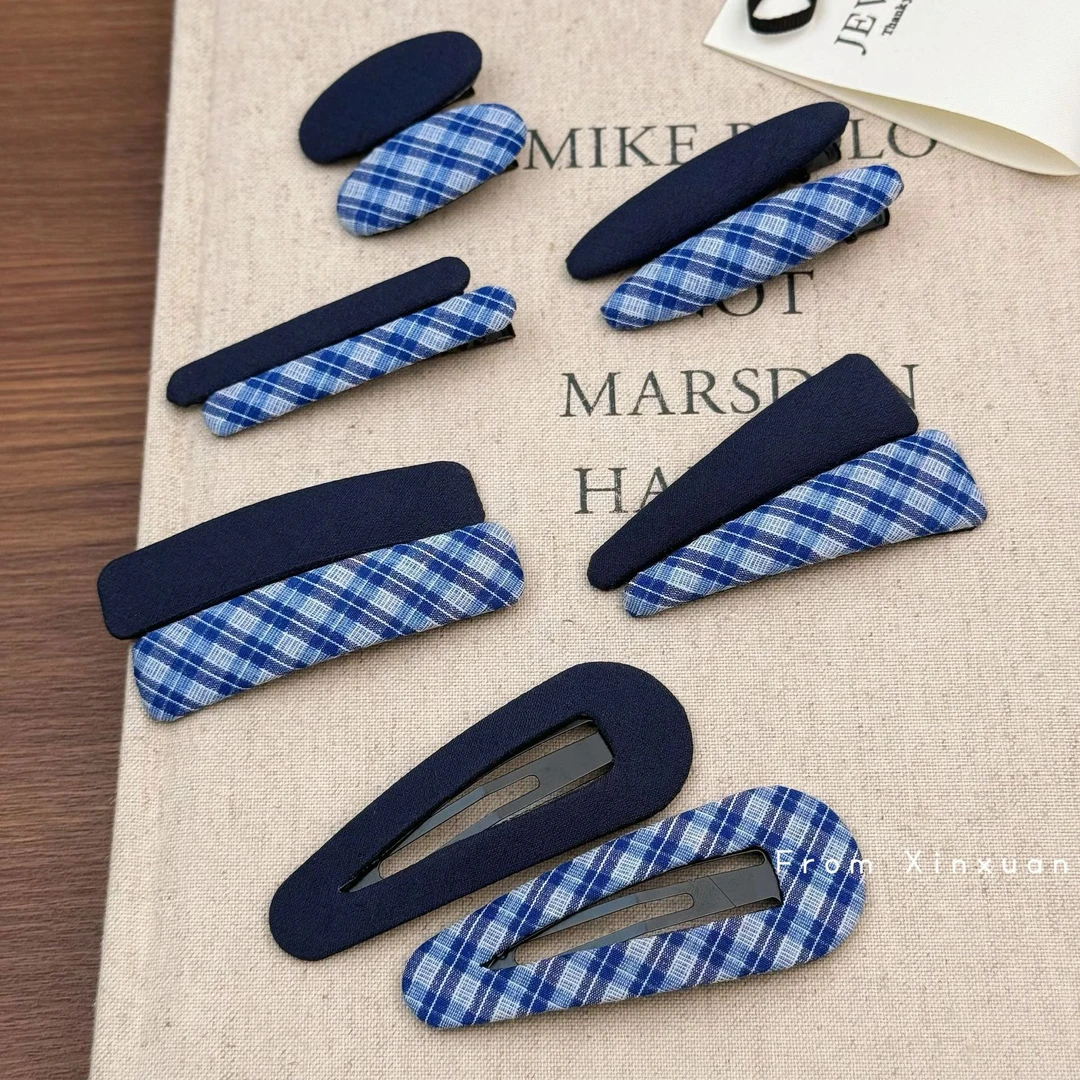 韩国气质蓝色复古格纹发夹甜美小众侧边刘海夹春夏BB夹碎发夹发饰