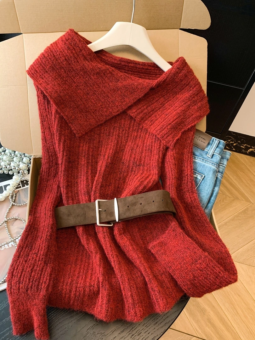 韩版设计感宽松翻领针织开衫女秋冬季新款时尚红色毛衣长袖毛衣