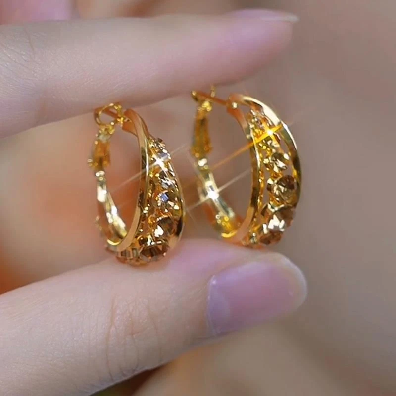 合金耳饰 轻奢高级感金色镶钻耳圈耳环女2025新款爆款小众气质