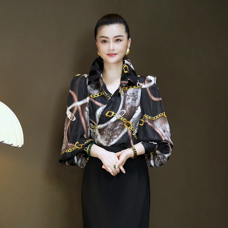 经典百搭链条花气质泡泡袖衬衣-cy-15