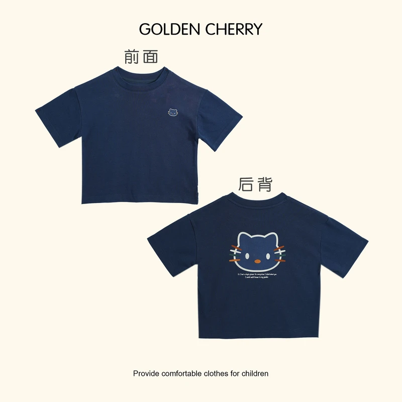 【金樱桃Golden cherry】亲子藏青色小猫印花T恤QDD292