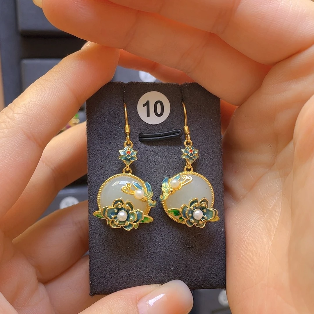 和田玉银S925镀金镶嵌耳饰