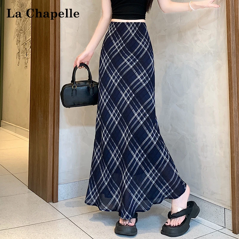 La Chapelle/拉夏贝尔新款夏季轻薄纱质感半身裙鱼尾裙格子长裙