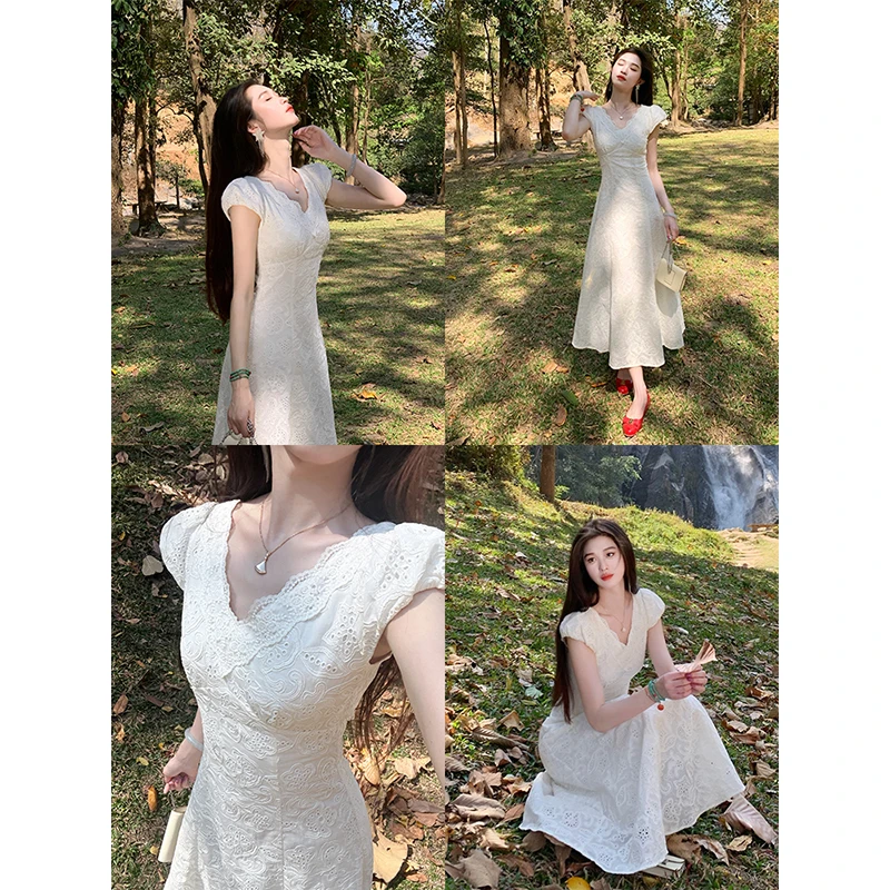 凌茜【浮白流雪】新中式大V领蕾丝拼接印花长裙收腰刺绣白色连衣裙