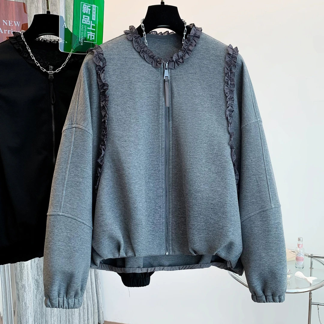 小众设计感拼接蕾丝边灰色长袖圆领外套2025秋冬宽松百搭夹克上衣