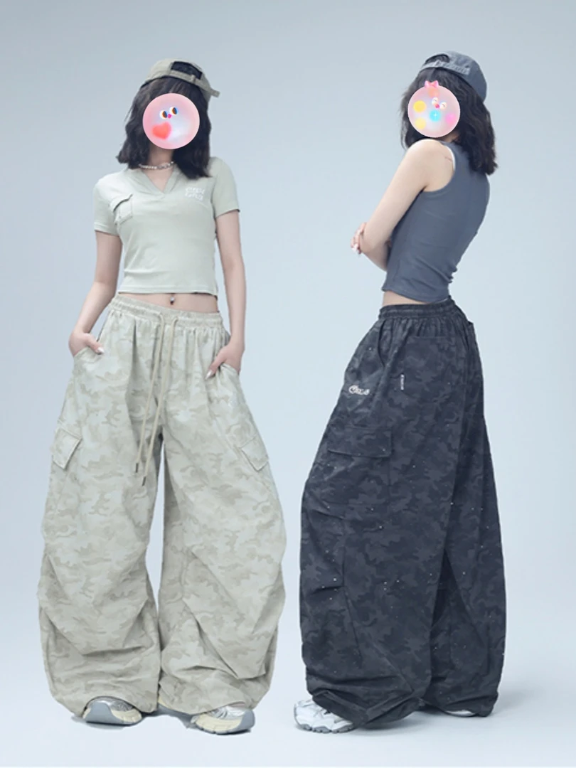 欧美式嘻哈街舞潮牌迷彩工装裤女夏季运动宽松阔腿跳舞褶皱伞兵裤