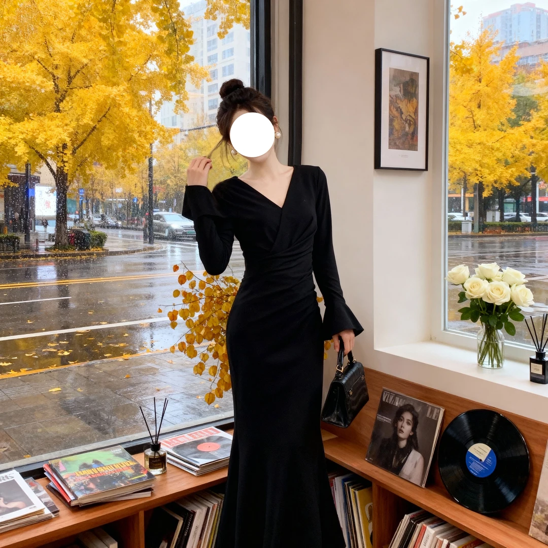 【V】2025秋季新款高级感法式百搭轻奢优雅收腰温柔女装连衣裙D4146