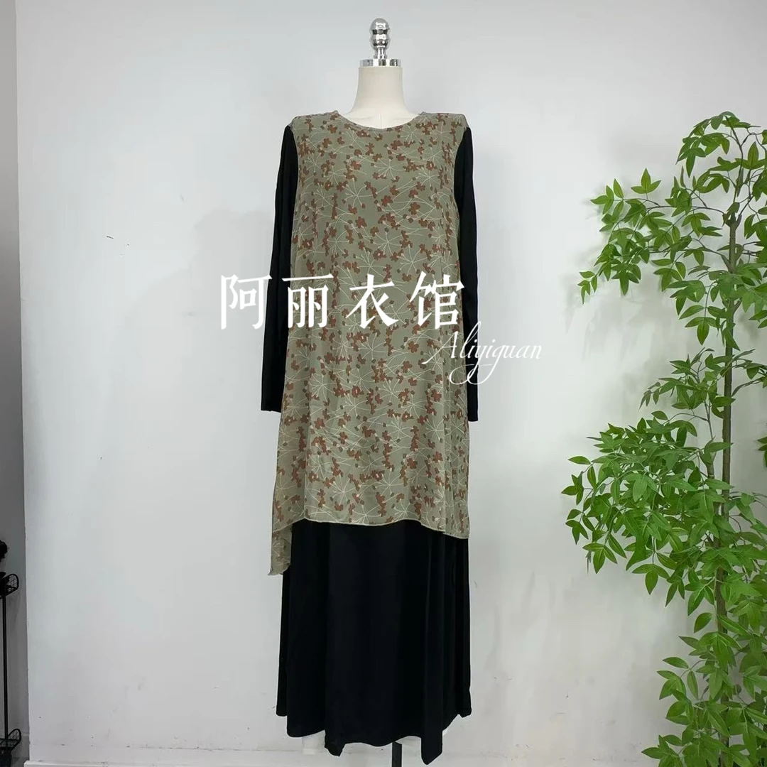 2025秋季舒服透气亲肤的优雅气质连衣裙绿色梅花假两件