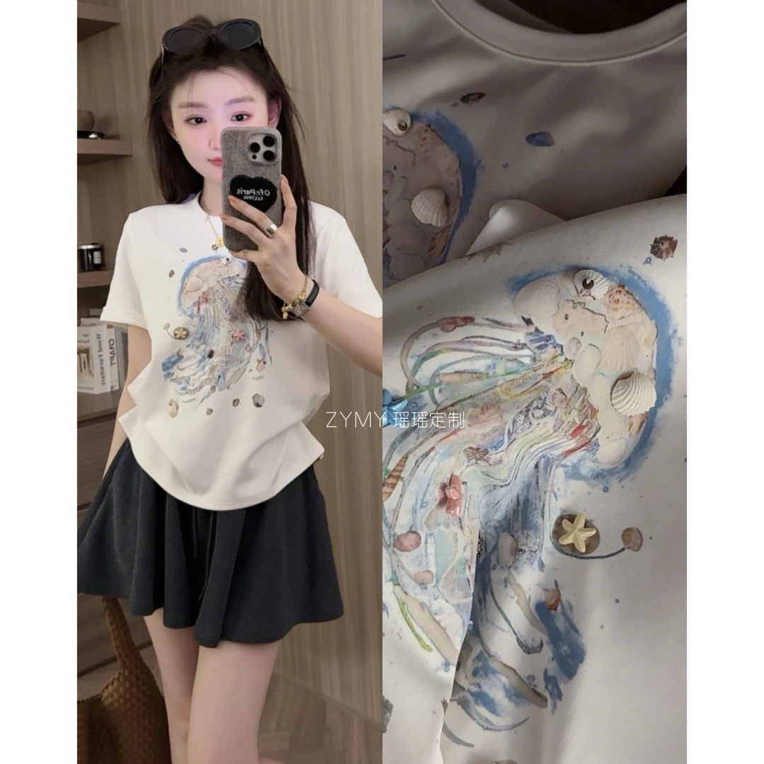 【贝壳水母】版型很好设计感百搭显瘦立体贝壳水母图案正肩T恤短袖