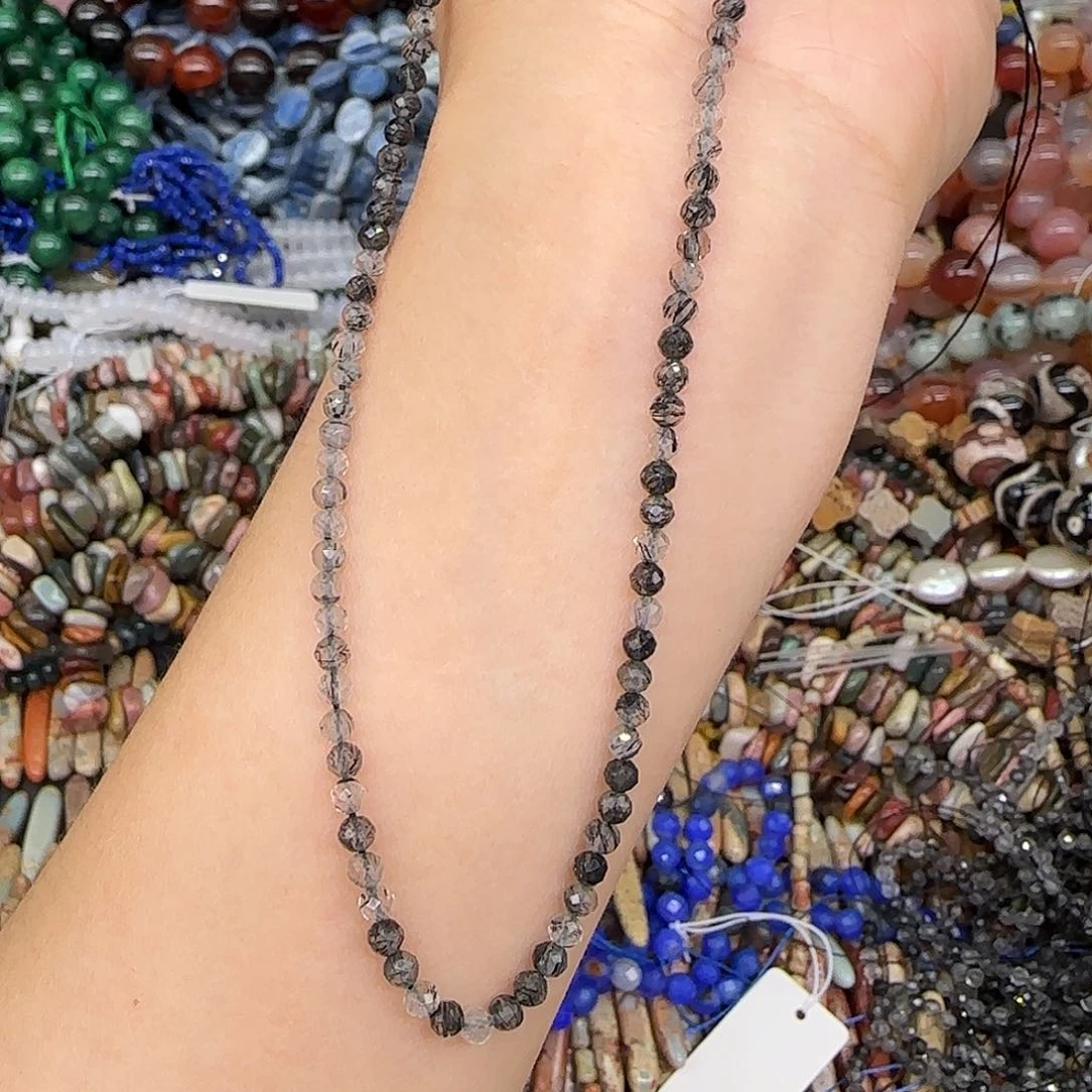 玛瑙/玉髓合金珠宝半成品黑发晶3mm切面一条