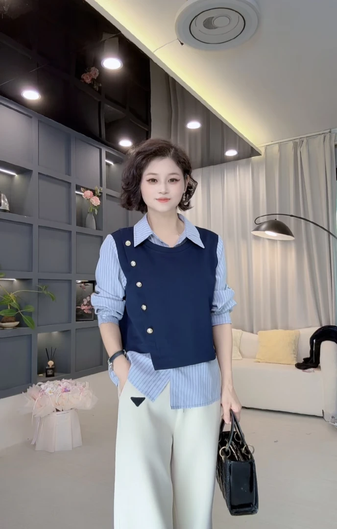 女装衬衫时尚显瘦宽松遮肉翻领假两件上衣秋季