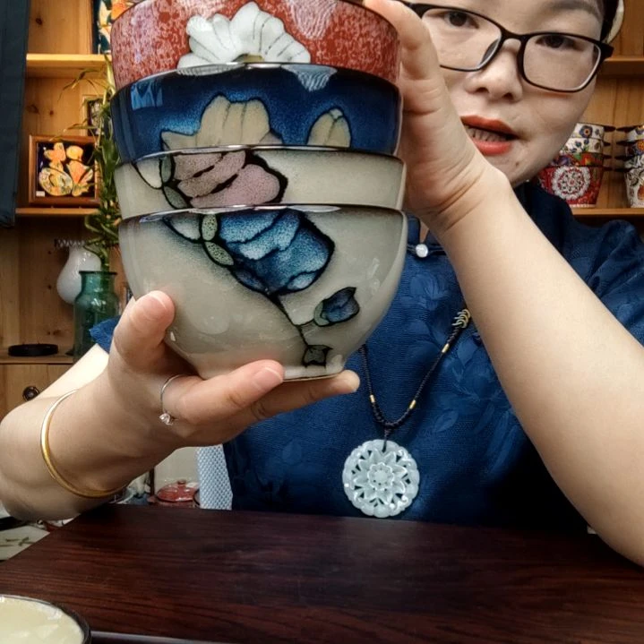 瓷片小可陶瓷高温釉下彩一组四只米饭碗