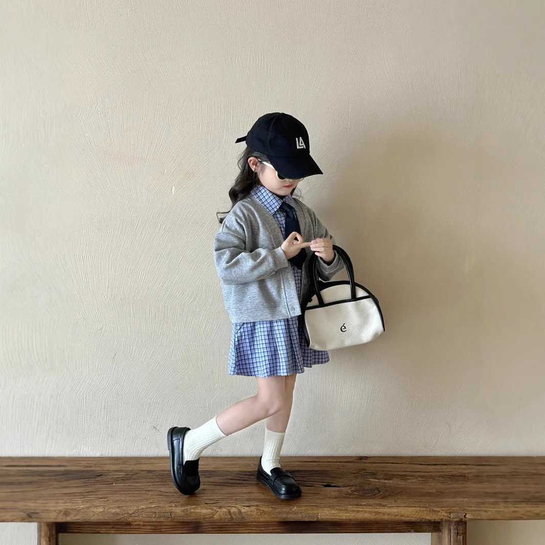 2025春季新款韩版洋气女童长袖外套休闲领带格子连衣裙学院风套装