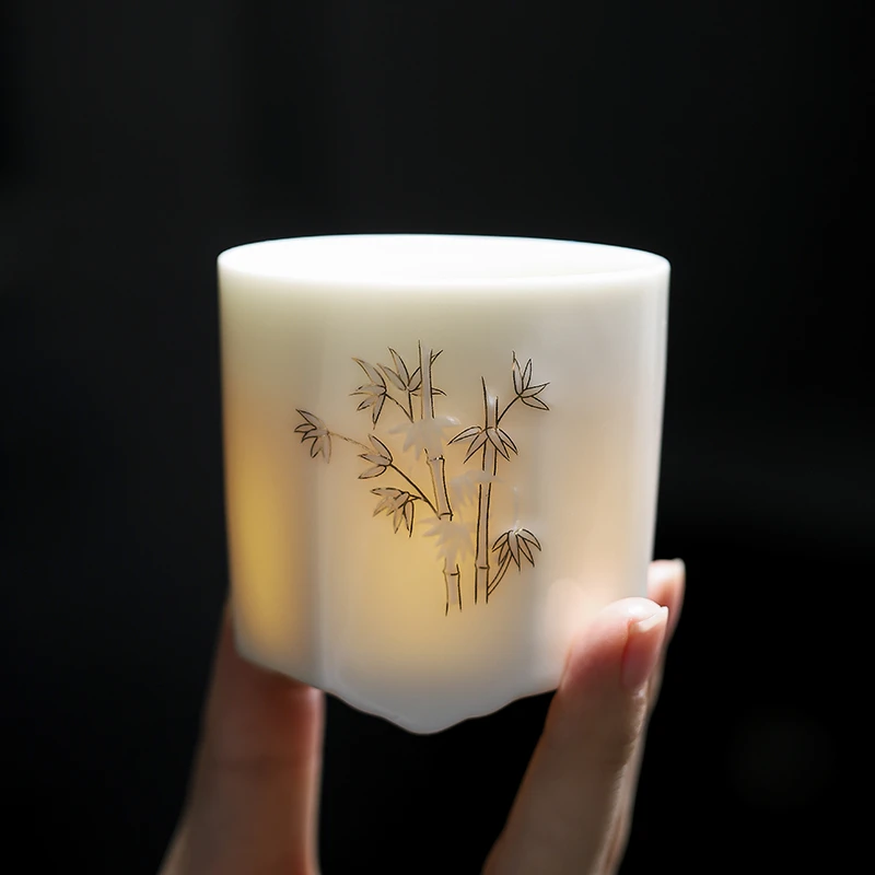 大号加厚耐热羊脂玉陶瓷功夫茶杯梅兰竹菊主人杯个人单杯刻字送人