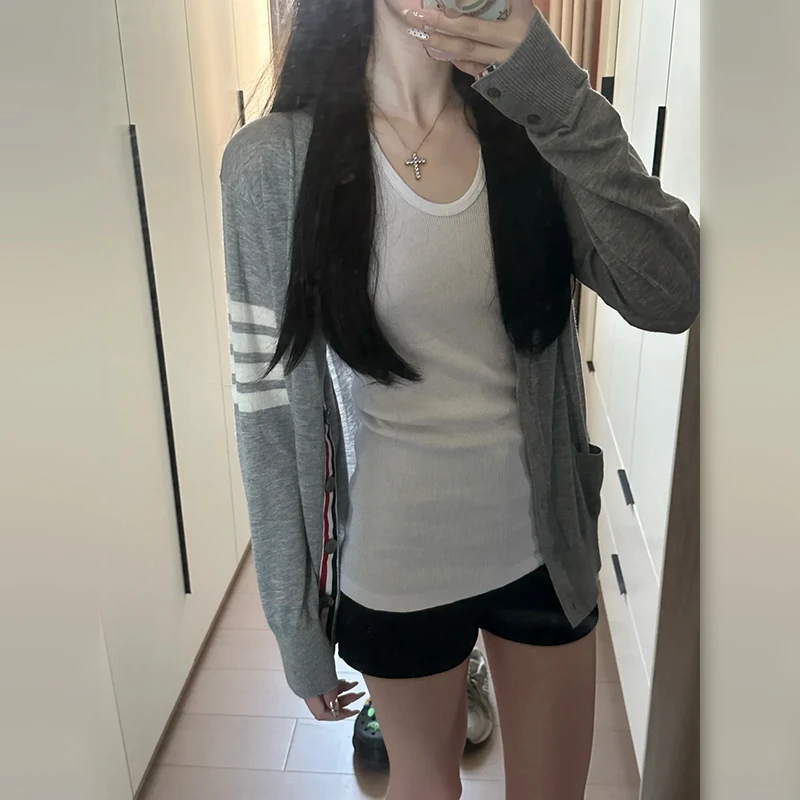 韩系chic慵懒松弛感灰色外套女2025秋季新款薄款宽松针织开衫外搭