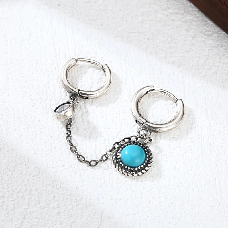 925银耳饰 双耳扣圆牌蓝色石耳钉 耳扣 韩版流行精工耳饰