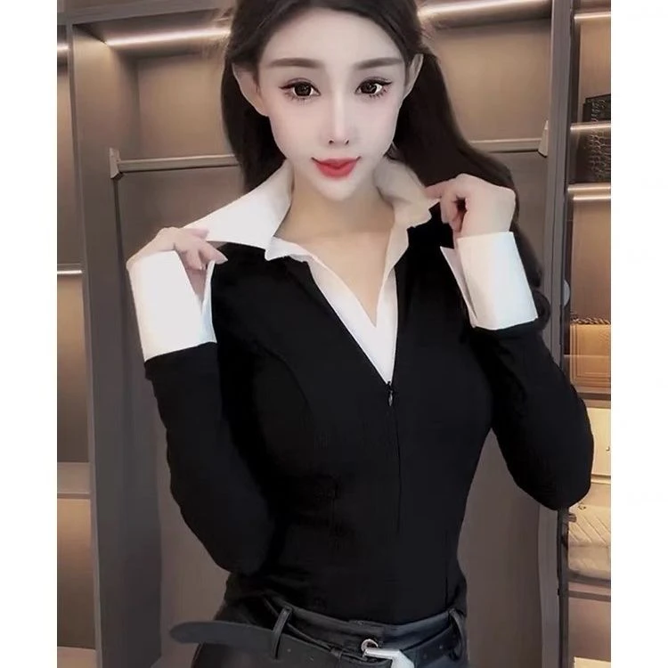 高级感撞色Polo领长袖衬衣2025春季新款通勤休闲百搭修身显瘦上衣