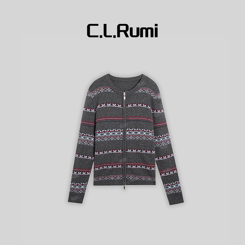 【燕子甄选】“华尔街”复古提花拼色保暖双拉头开衫上衣6451ks