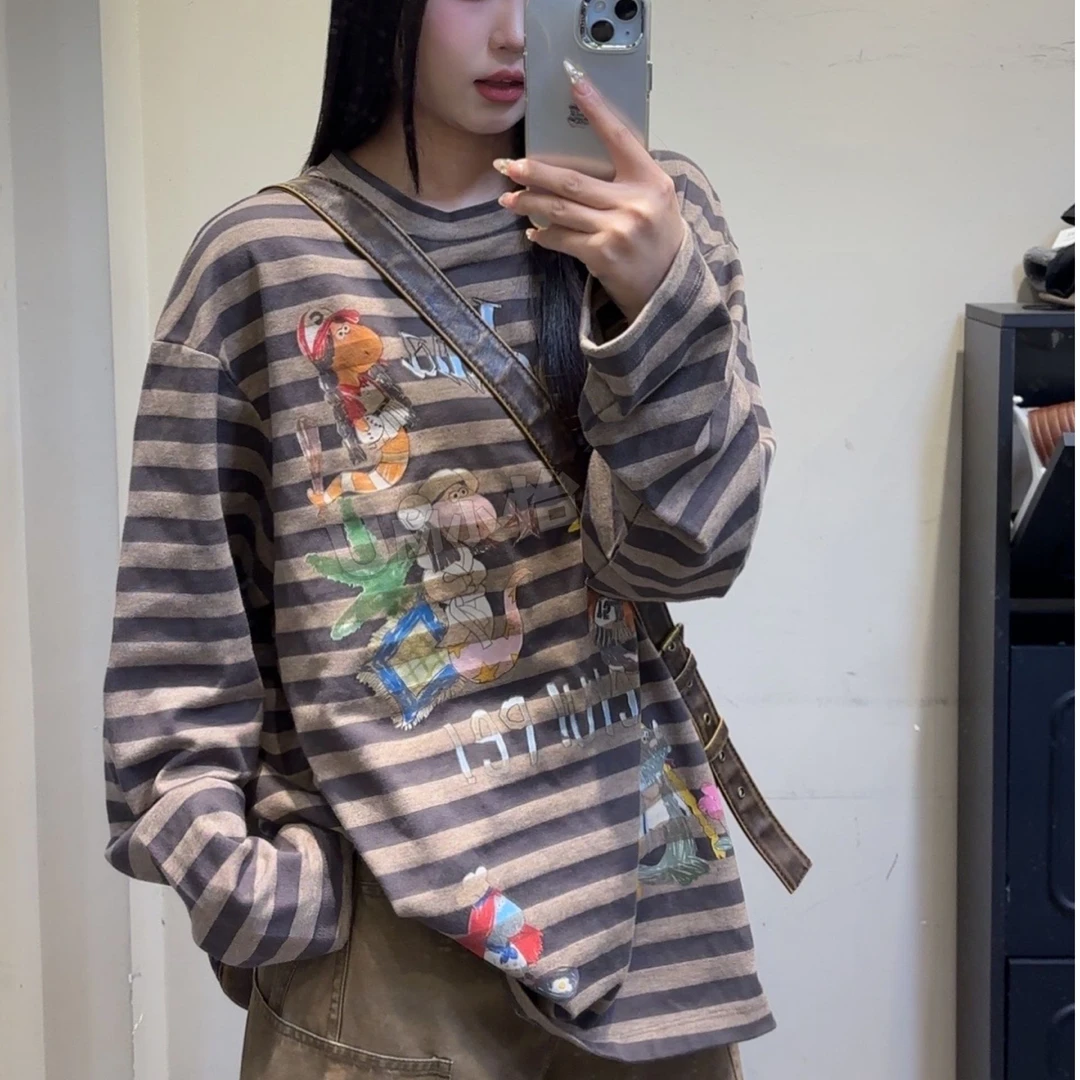 鑫怡定制 【卡通条纹】春季新款宽松字母晕染涂鸦条纹设计感上衣