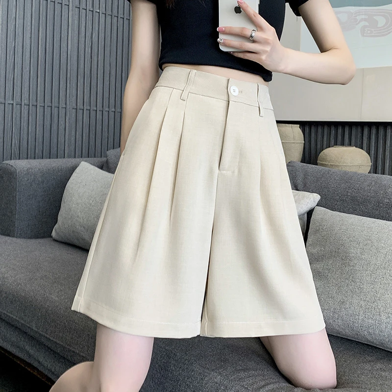 亚麻西装短裤女夏薄款2025新款高腰宽松直筒显瘦阔腿5分五分中裤
