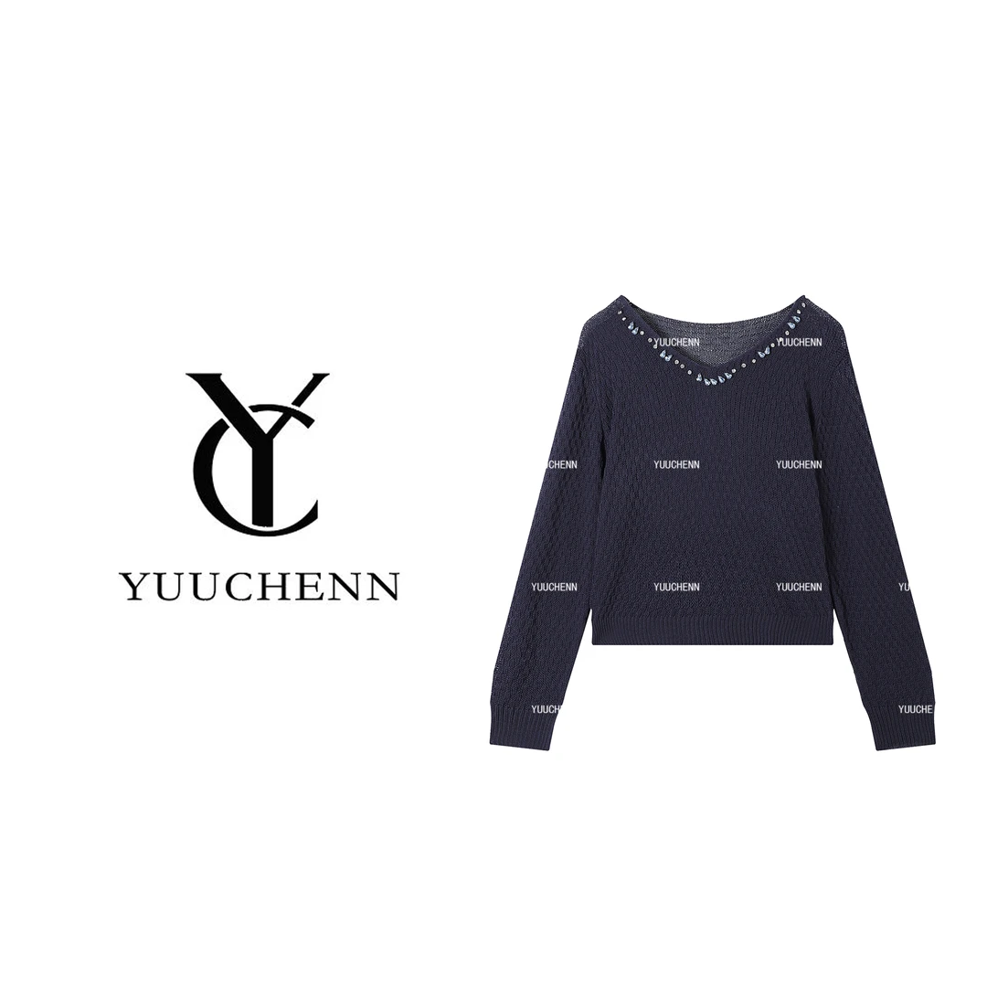 YUUCHENN V领毛针织衫女气质百搭长袖上衣JYY-8880