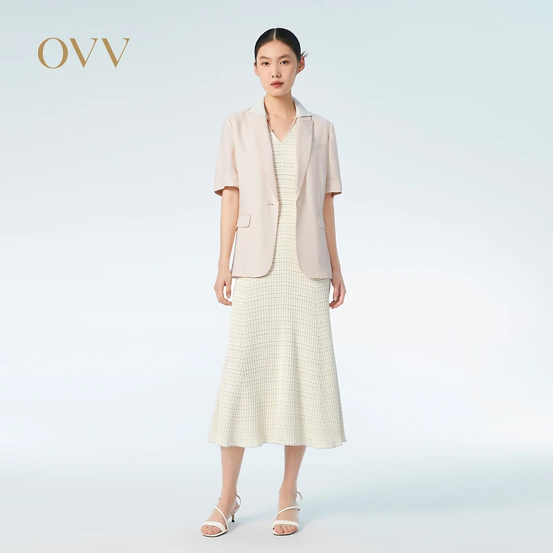 【达播】OVV春夏醋酸仿麻时尚一粒扣短袖西服外套GWXAJ13015A