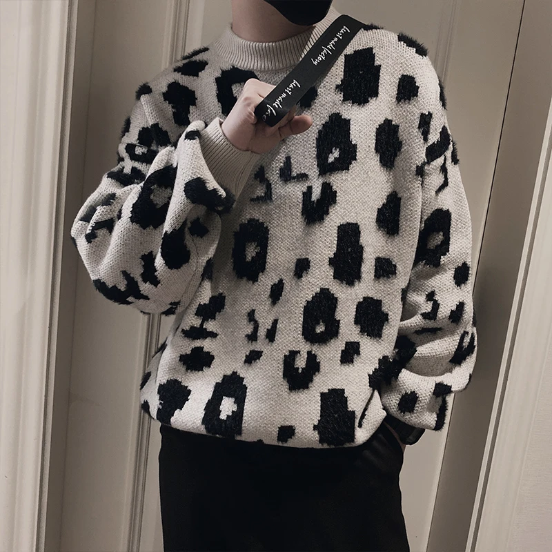 慵懒风豹纹毛衣男款冬季爆款2025新款毛线衣男士秋冬装打底针织衫