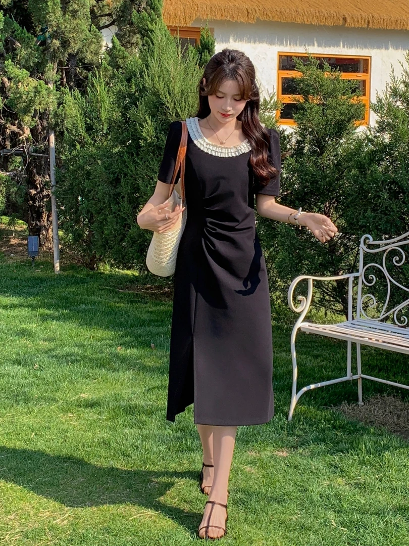 【锦衣服饰】X 98 T 2法式气质蕾丝拼接圆领连衣裙收腰显瘦