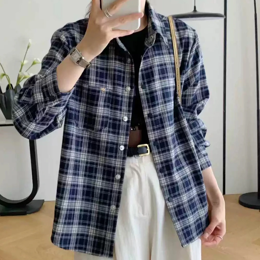 Meiky饼 复古文艺 英伦风气质宽松磨毛格子衬衫 2色