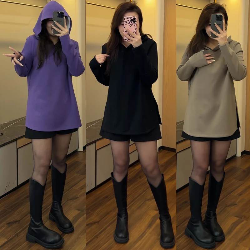 LHC941微胖定制~【冬日柔光】保暖休闲纯色显瘦百搭连帽卫衣