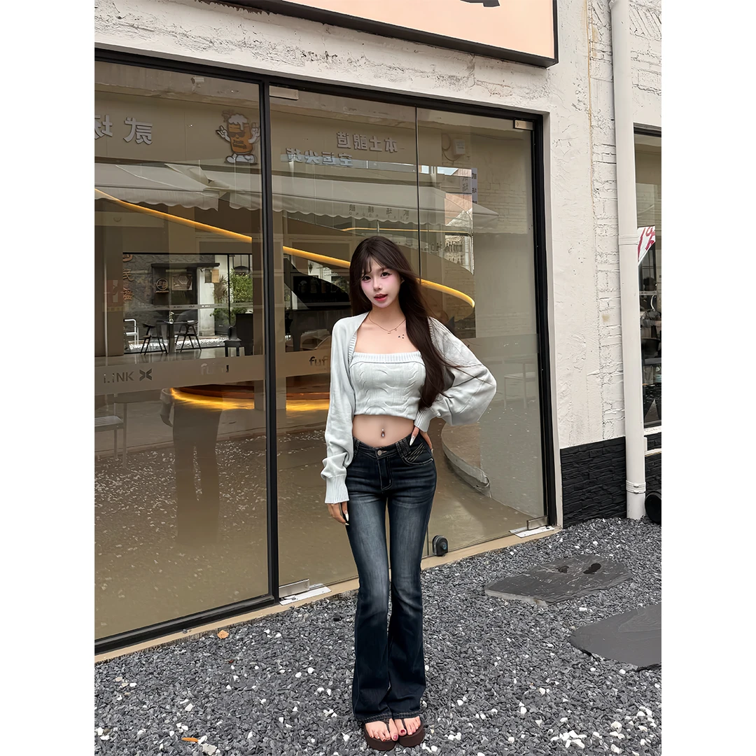 【FFZXYU】纯欲气质针织吊带背心长袖开衫微喇牛仔裤美式复古辣妹女