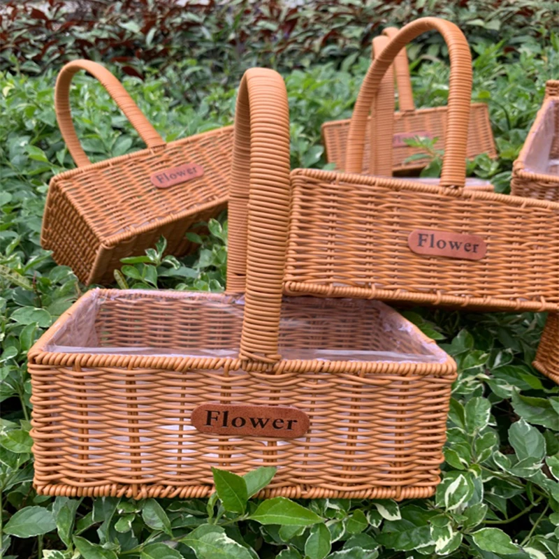 长方形手提篮餐厅仿藤编织花篮伴手礼品篮手提包野餐户外水果篮子