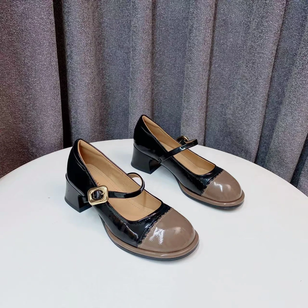 C4536 卡其/黑 时尚圆头舒适粗跟浅口女单鞋