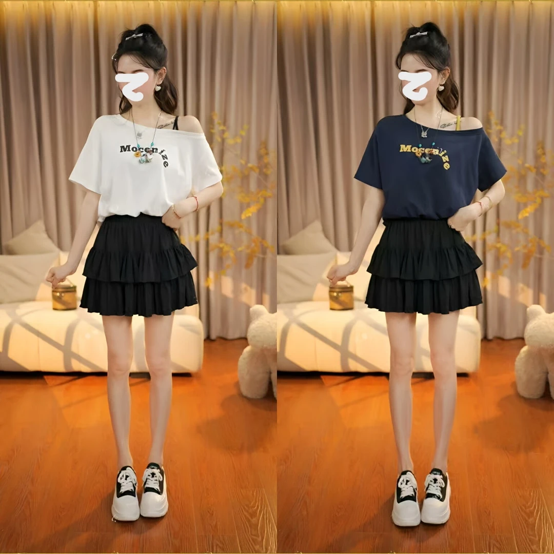 25夏新款一字肩露肩设计百搭减龄上衣字母t恤女斜领吊带宽松短款