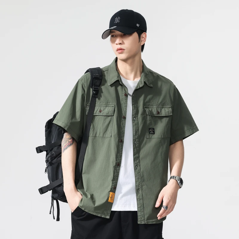 纯色男士衬衫上衣服饰日系百搭休闲吸汗港风透气翻领短袖宽松