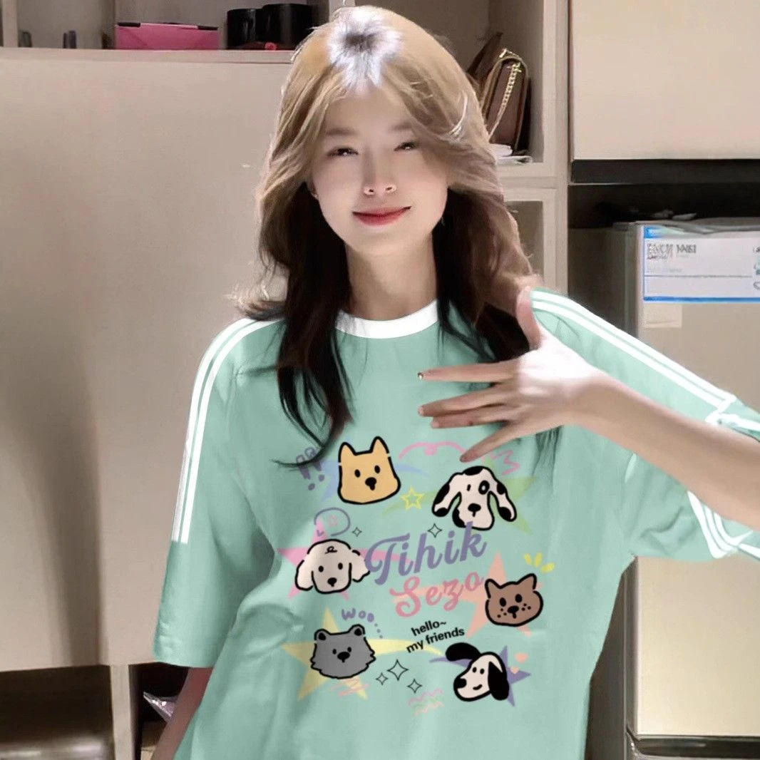 短袖t恤女三条杠条纹设计感小众宽松半袖上衣