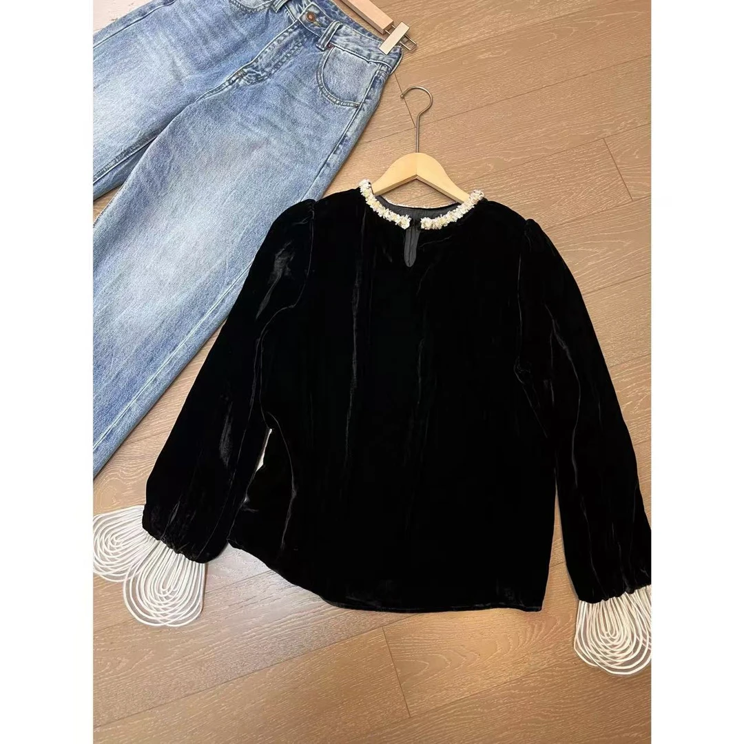 YUYU  2025早春 串珠小圆领花瓣袖口丝绒上衣 2412B6167