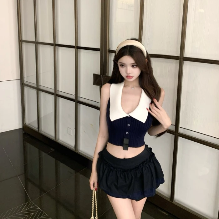 撞色拼接修身无袖针织背心女夏季纯欲风套装高腰a字半身裙两件套