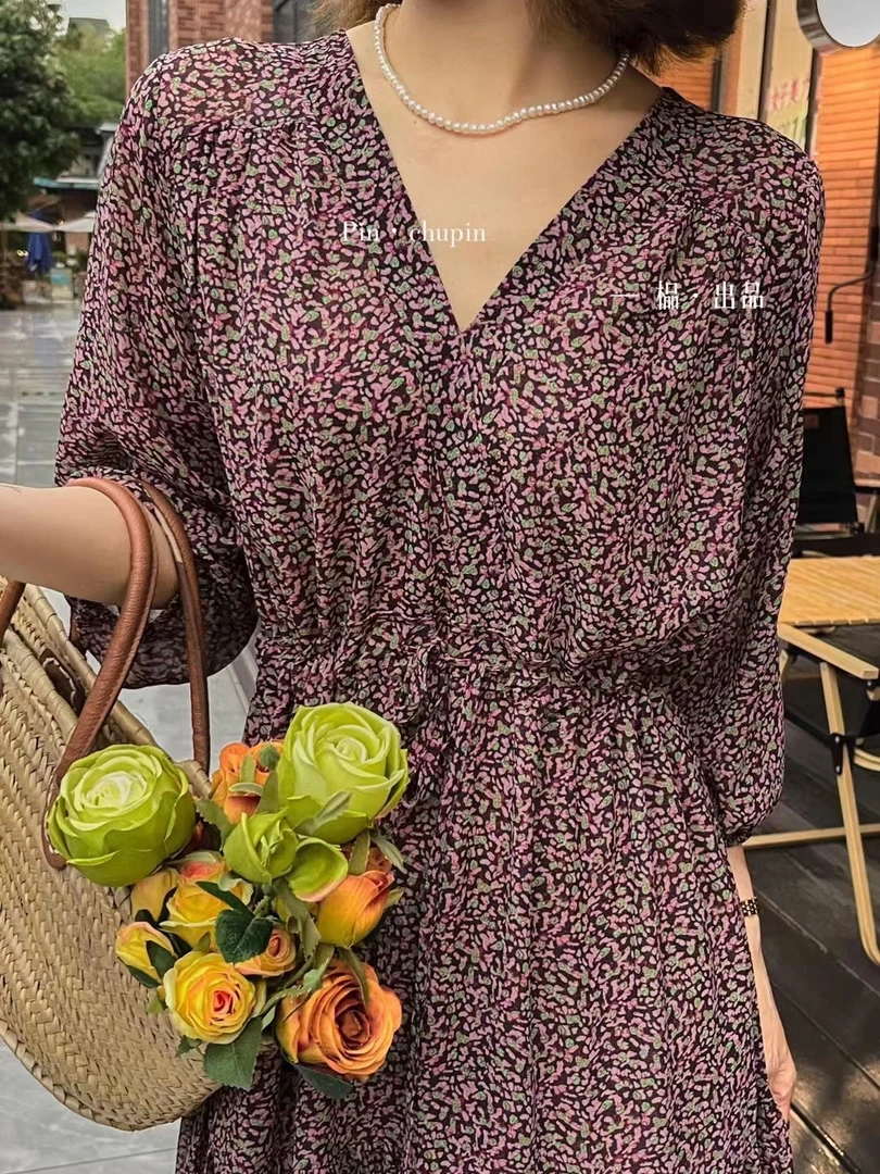 【榀家长裙1米26】｛浆果紫｝法式复古时尚慵懒V领减龄显瘦碎花连衣裙